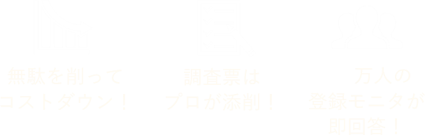 無駄を削ってコストダウン！ 調査票はプロが添削！ 300万人の登録モニターが即回答！